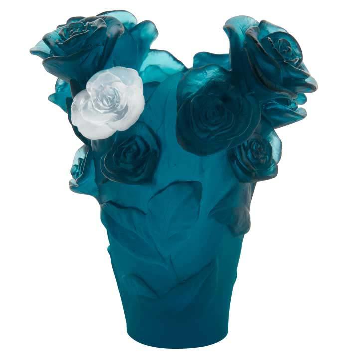 Daum Crystal Rose Passion Blue Vase White Flower 05287-7