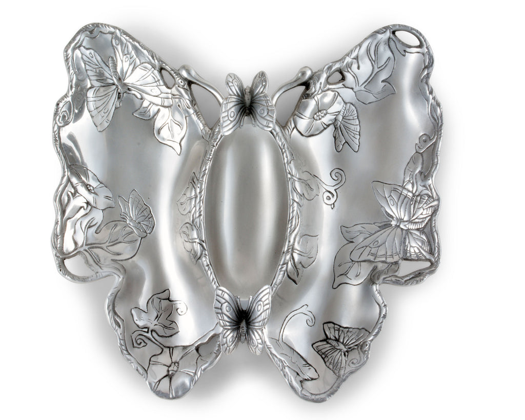 Arthur Court Designs Garden Chip and Dip Platter in Butterfly Pattern Sand Casted in Aluminum with Artisan Quality Hand Polished Designer Tanish-Free Spring Décor 14.5 inch Diameter