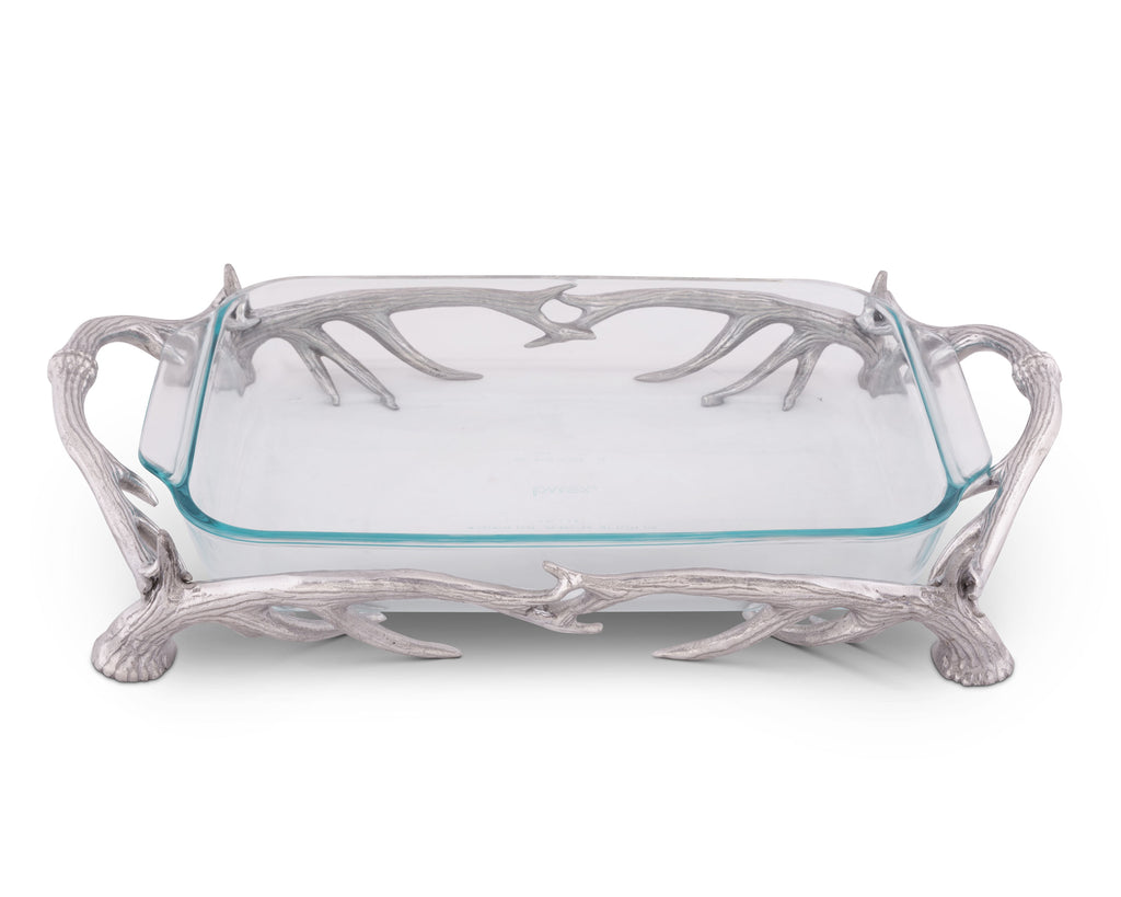 Arthur Court Metal Pyrex Glass Casserole Dish Holder Rustic Antler Pattern Sand Casted in Aluminum with Artisan Quality Hand Polished Design Tanish-Free 21 inch long, 3 quart capacity