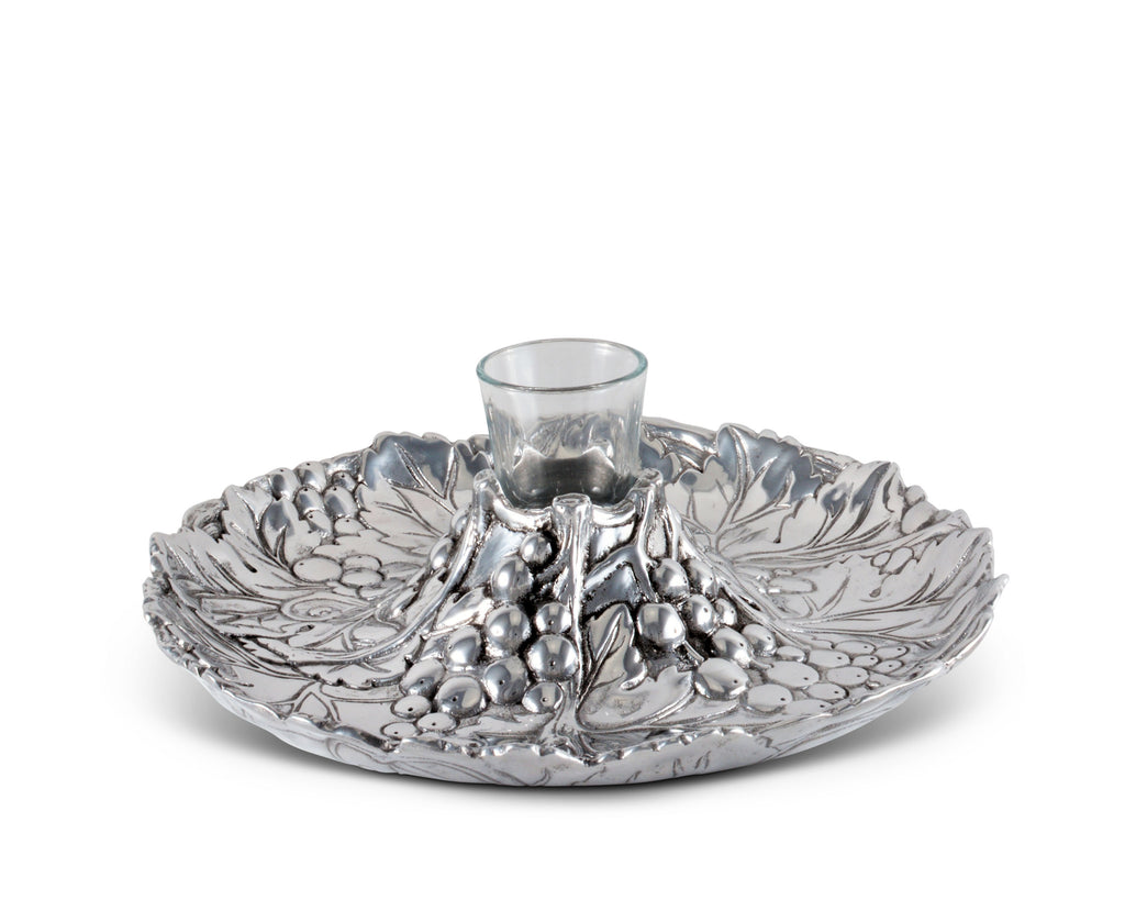 Arthur Court Aluminum Metal Grape Pattern Tidbit Cheese Hors d'oeuvres Tray with Glass for Toothpick - Entertaining Small Platter 10" Diameter x .25" Tall