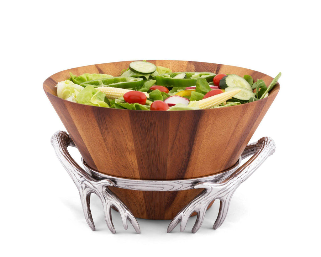 Arthur Court 7" Tall Acacia Wood Salad Bowl with Antler Pattern Aluminum Stand