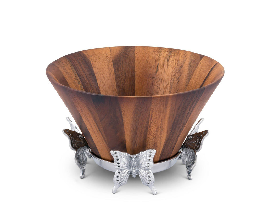 Arthur Court Designs Acacia Wood Salad Bowl with Aluminum Butterfly stand 12" Diameter