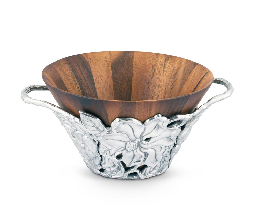 Arthur Court Designs Acacia Wood Salad Bowl with Aluminum Metal Magnolia Flower Holder 12" Diameter