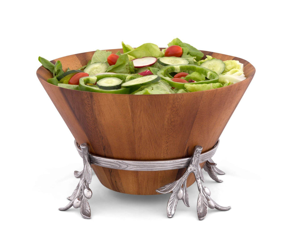 Arthur Court Acacia Wood Salad Bowl in Metal Stand, Sand-Cast Aluminum Stand in Olive Pattern 7" tall