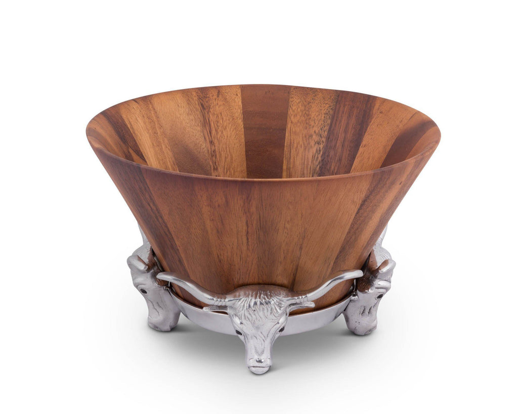 Arthur Court Designs Acacia Wood Salad Bowl with Aluminum Longhorn stand 12" Diameter