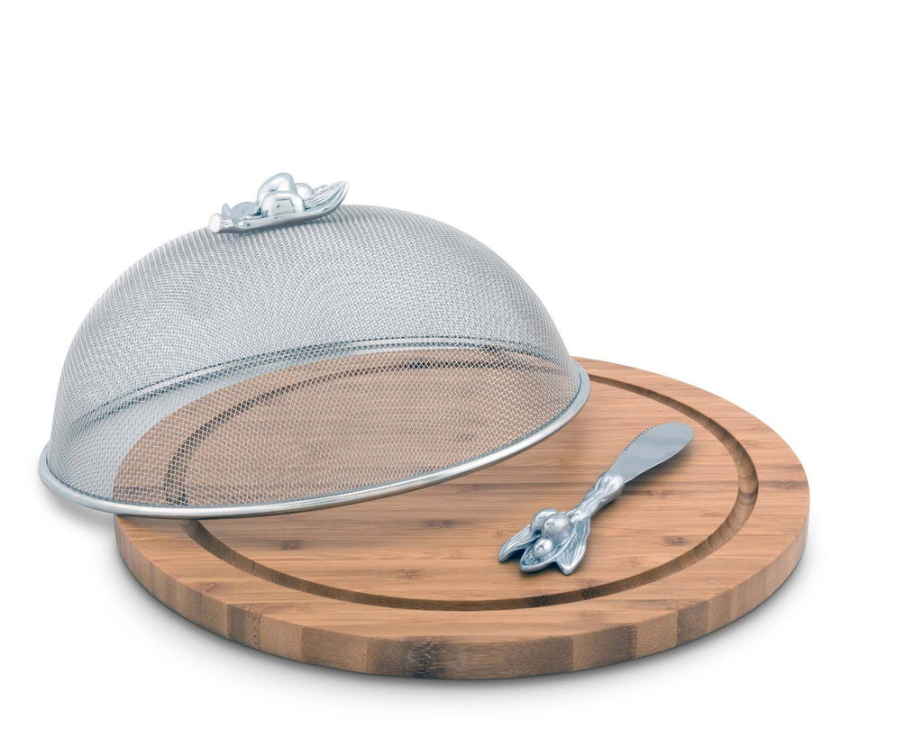 Arthur Court Olive Pattern Picnic Mesh Cheese Cover with Bamboo  Cheese Board & Spreader  13" Board / 6.5" Tall Screen