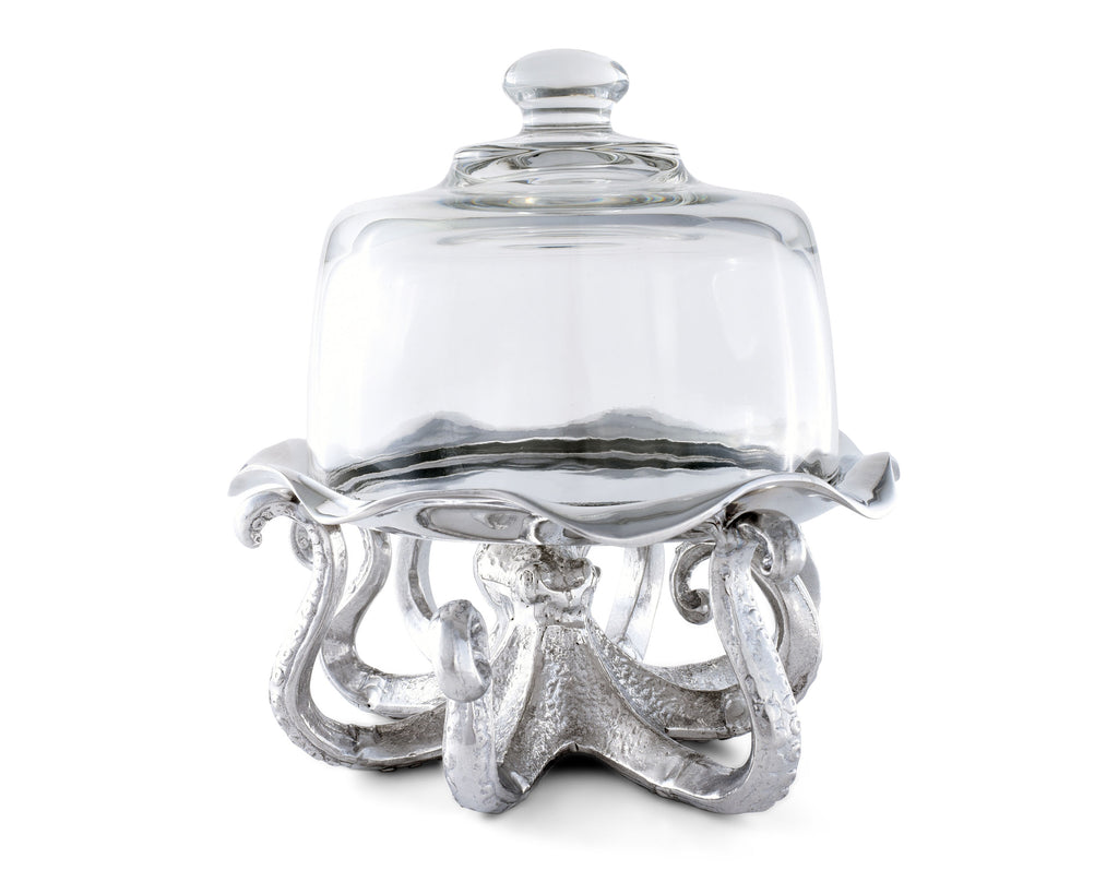 Arthur Court Elevated  Serving Cheese Tray Octopus Sea Patten with Glass Dome -  8.5" x 9" x 9"