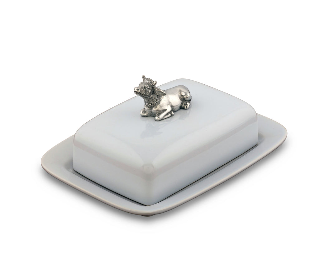 Vagabond House Garden Friends Stoneware Butter Dish with Pewter Mabel the Cow G340MC