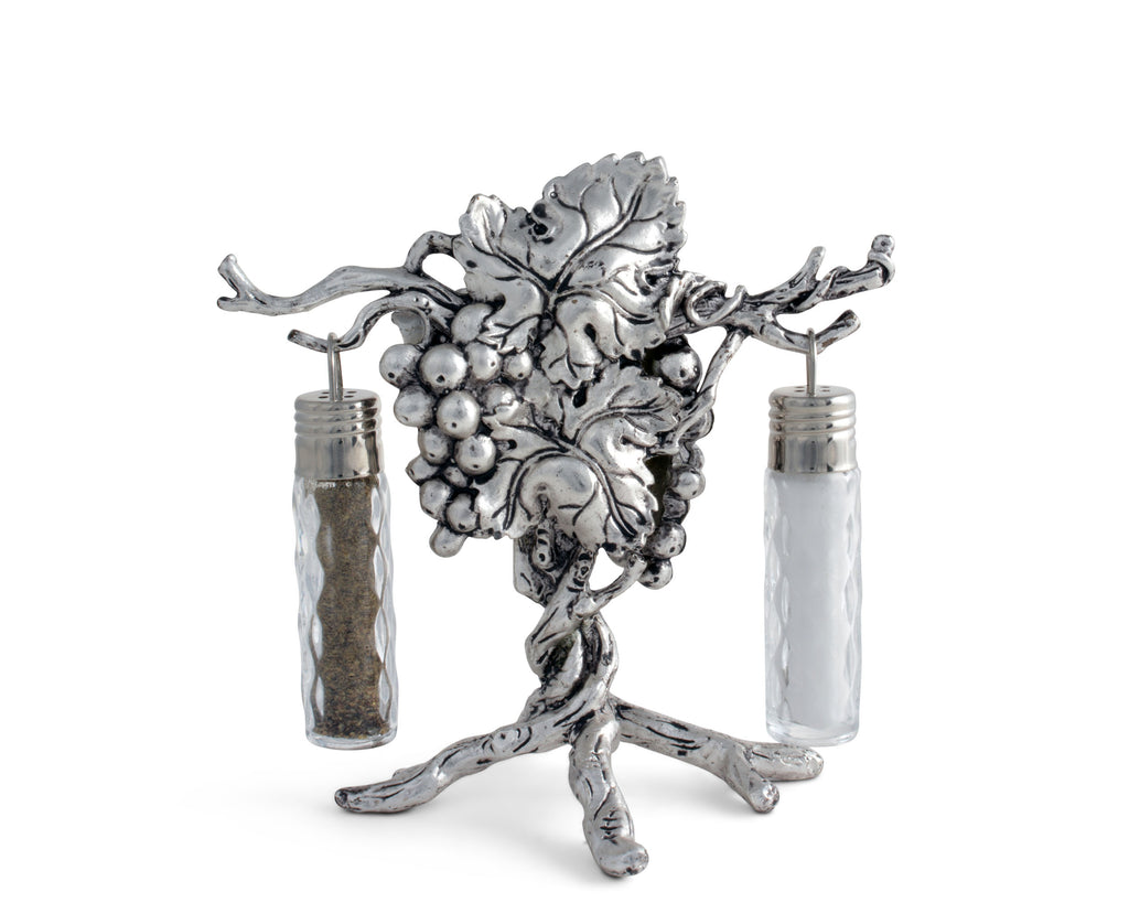 Arthur Court Metal Grape Pattern Stand for Glass Hanging Salt and Pepper Detail Grapes Sand Casted in Aluminum with Artisan Quality Hand Polished