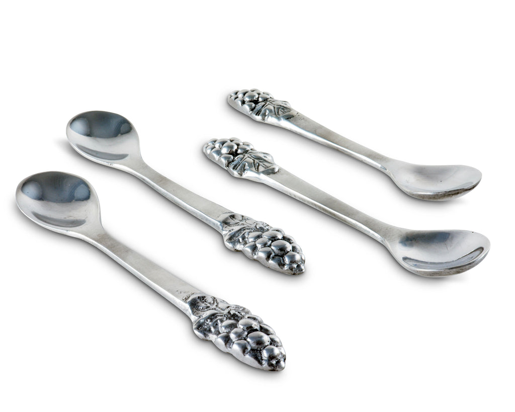 Arthur Court Metal Tea Spoons Grapes Sand Casted in Aluminum with Artisan Quality Hand Polished 5 inch Long - Set of 4
