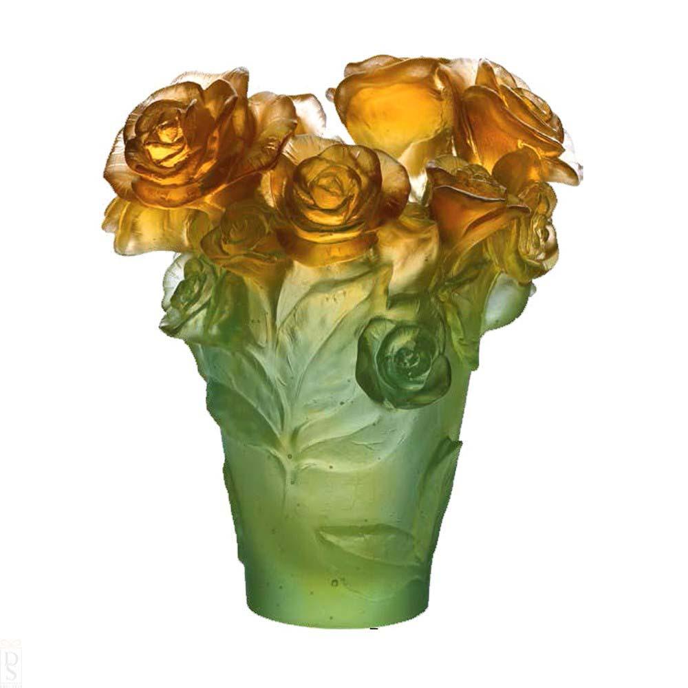 Daum Crystal Rose Passion Vase Green & Orange 05282-2
