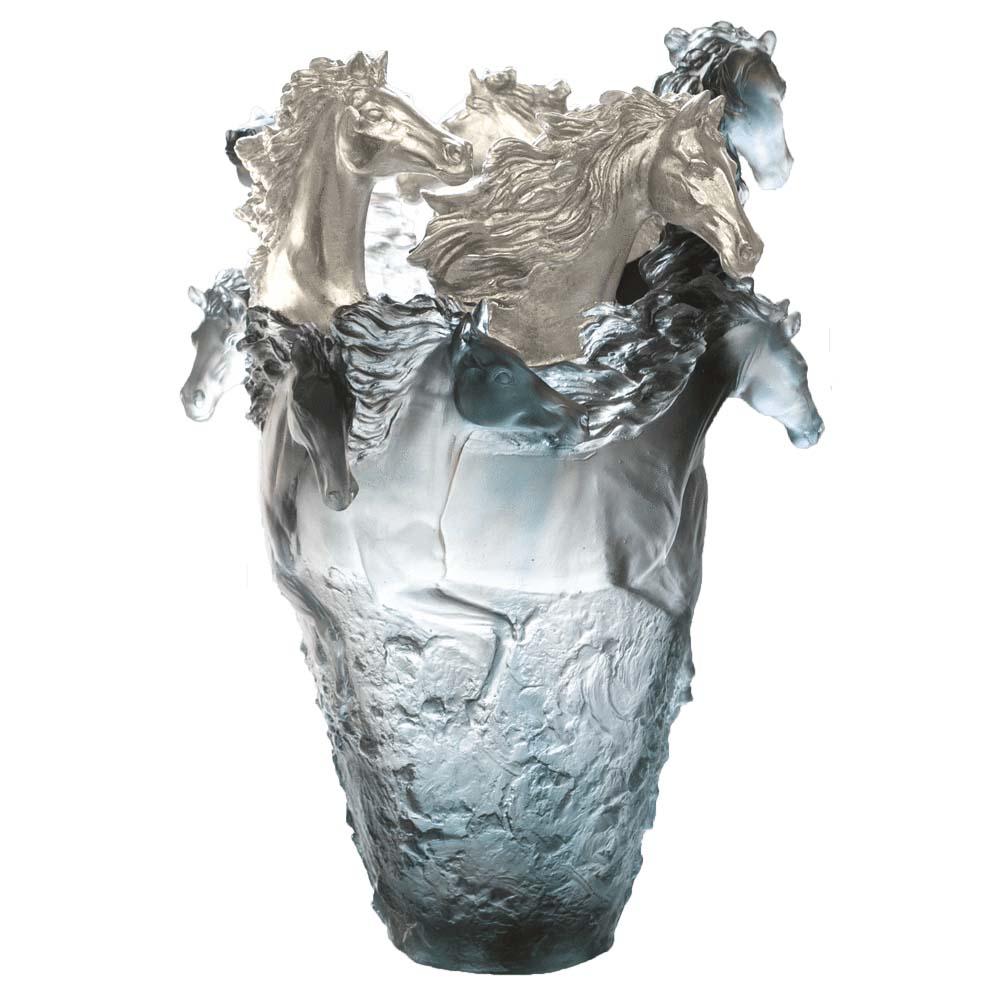 Daum Crystal Grey Blue Horse Magnum Vase, 3 Silvered Heads H: 50 Cm 25 Ex 05381-12