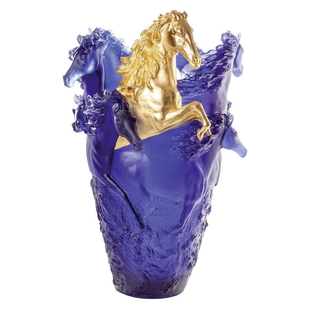 Daum Crystal Blue Magnum Horse Vase With 2 Gilded Heads 05381-13