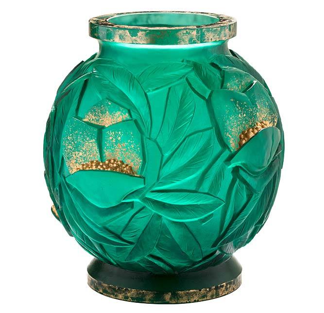 Daum Crystal Gilded Green Large Vase 05584-1
