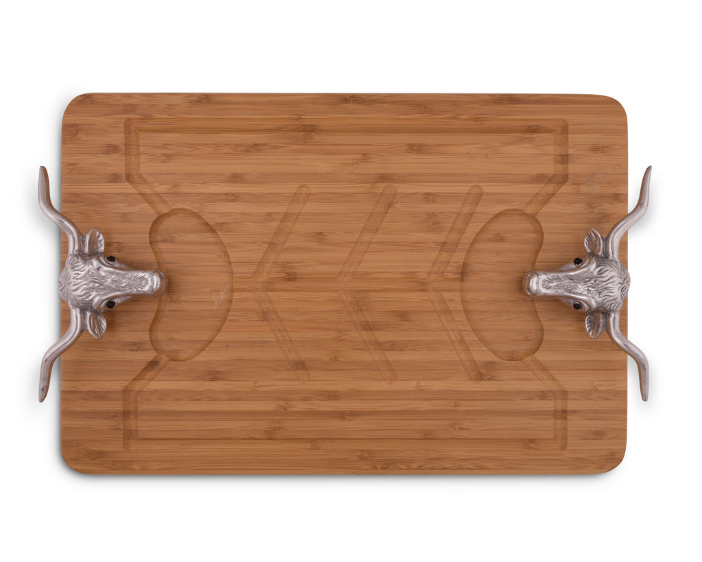 Arthur Court Designs Aluminum Longhorn Handle Bamboo  Wood Carving / Cheese Board Large Tray for Serving Meats or Appetizer 23.5 Inch