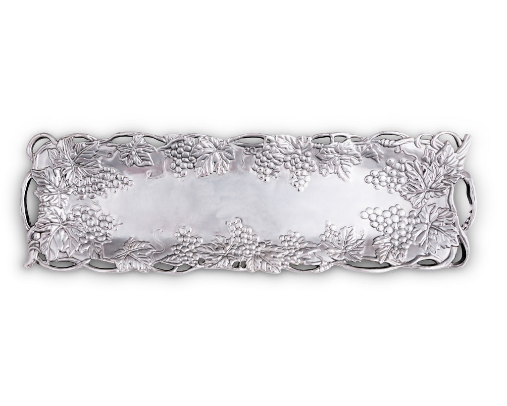 Arthur Court Metal Oblong Serving Tray Grape Pattern Sand Casted in Aluminum with Artisan Quality Hand Polished Designs Tanish Free 19 inch x 5.5 inch