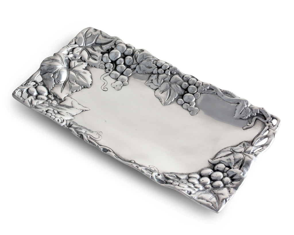 Arthur Court Metal Bread Serving Tray Grape Pattern Sand Casted in Aluminum with Artisan Quality Hand Polished Design Tanish-Free, 6 inch x 12 inch