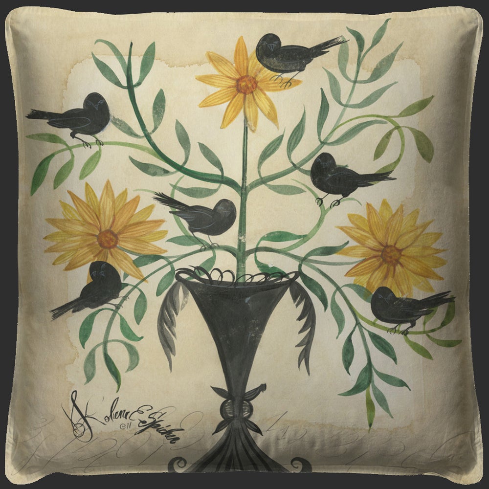 Spicher & Company Black Birds in Yellow Flowers Pillow 10106