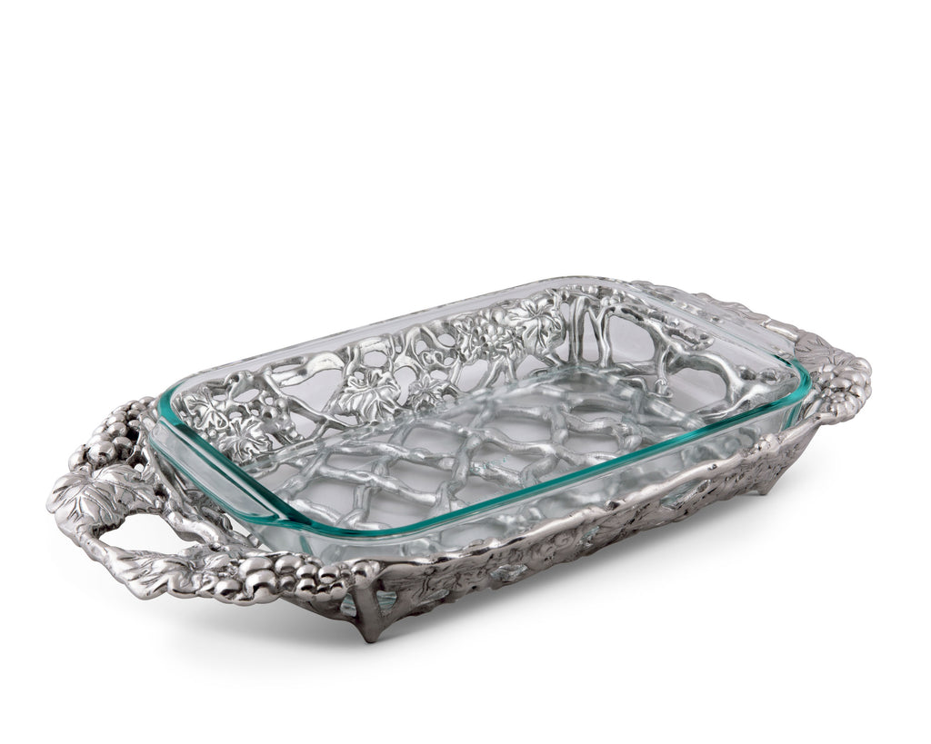 Arthur Court Metal Pyrex Glass Casserole Dish Holder Grape Pattern Sand Casted in Aluminum with Artisan Quality Hand Polished Design Tanish-Free 21 inch long, 3 quart capacity