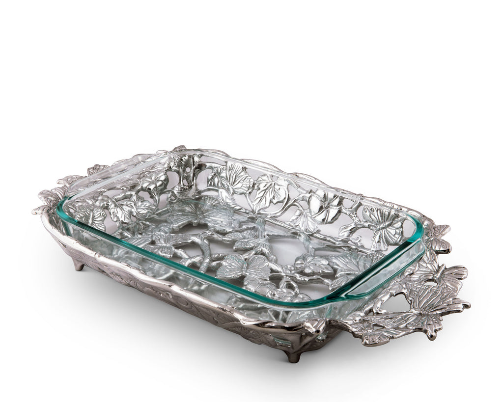Arthur Court Metal Pyrex Glass Casserole Dish Holder Butterfly Pattern Sand Casted in Aluminum with Artisan Quality Hand Polished Design Tanish-Free Spring Flower 21 inch long, 3 quart capacity