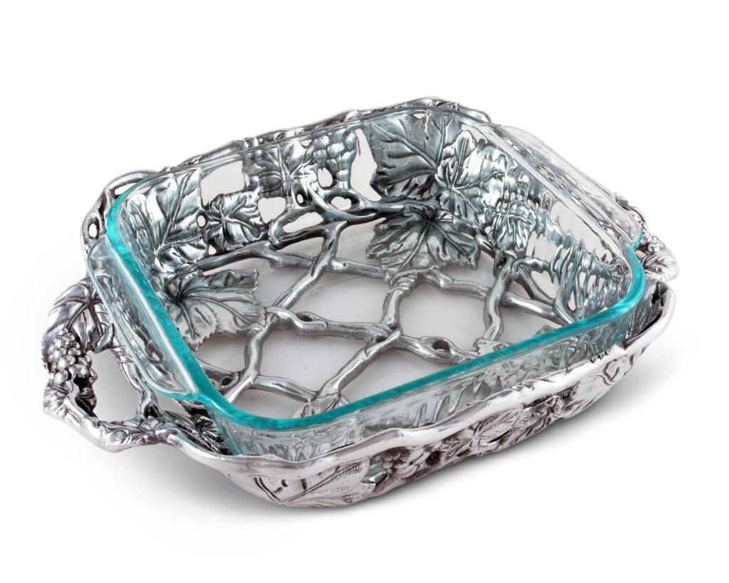 Arthur Court Metal Pyrex Glass Casserole Dish Holder in Grape Pattern Sand Casted in Aluminum with Artisan Quality Hand Polished Design Tanish-Free 13.5 inch 2 quart capacity