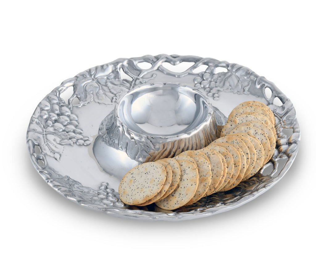 Arthur Court Designs Metal Grape Chip and Dip Platter in Grape Pattern Sand Casted in Aluminum with Artisan Quality Hand Polished Designer Tanish-Free 14 inch diameter