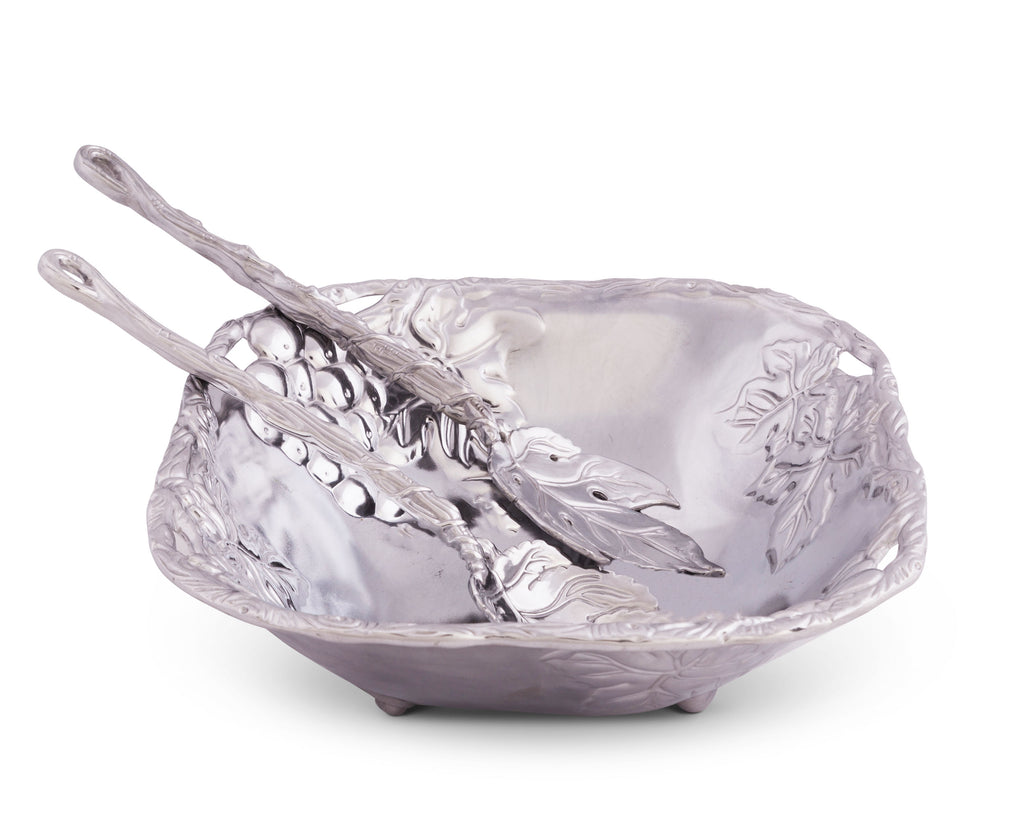 Arthur Court Designs Metal 3-Pc Grape Salad Set Bowl and Server in Grape Pattern Sand Casted in Aluminum with Artisan Quality Hand Polished Design Tanish-Free