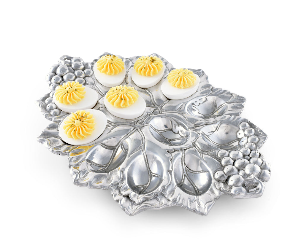 Arthur Court Metal Deviled Egg Holder Tray Grape Pattern Sand Casted in Aluminum with Artisan Quality Hand Polished Designer Tanish-Free 12.5 inch x 9 inch