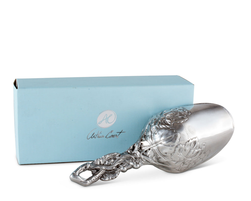 Arthur Court Grape Pattern Handle Bar Ice Scoop, Dry Bin Scoop, Dry Goods Scoop, Candy Scoop, Spice Scoop Sand Casted and Hand Polished Aluminum Metal 8" Long
