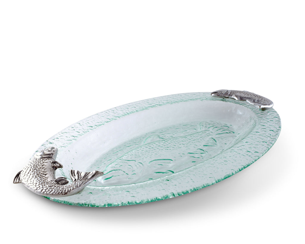 Arthur Court Designs Aluminum Salmon Fish Bagel Lox Glass Platter 20" x 11.5"