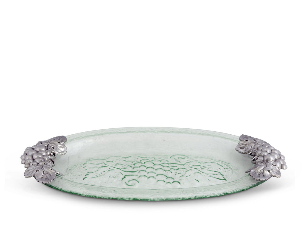 Arthur Court Clear Glass Food Tray Platter with Grape Handle in Sand Casted Aluminum with Artisan Quality Hand Polished Designer 21.5 inch x 11.5 inch