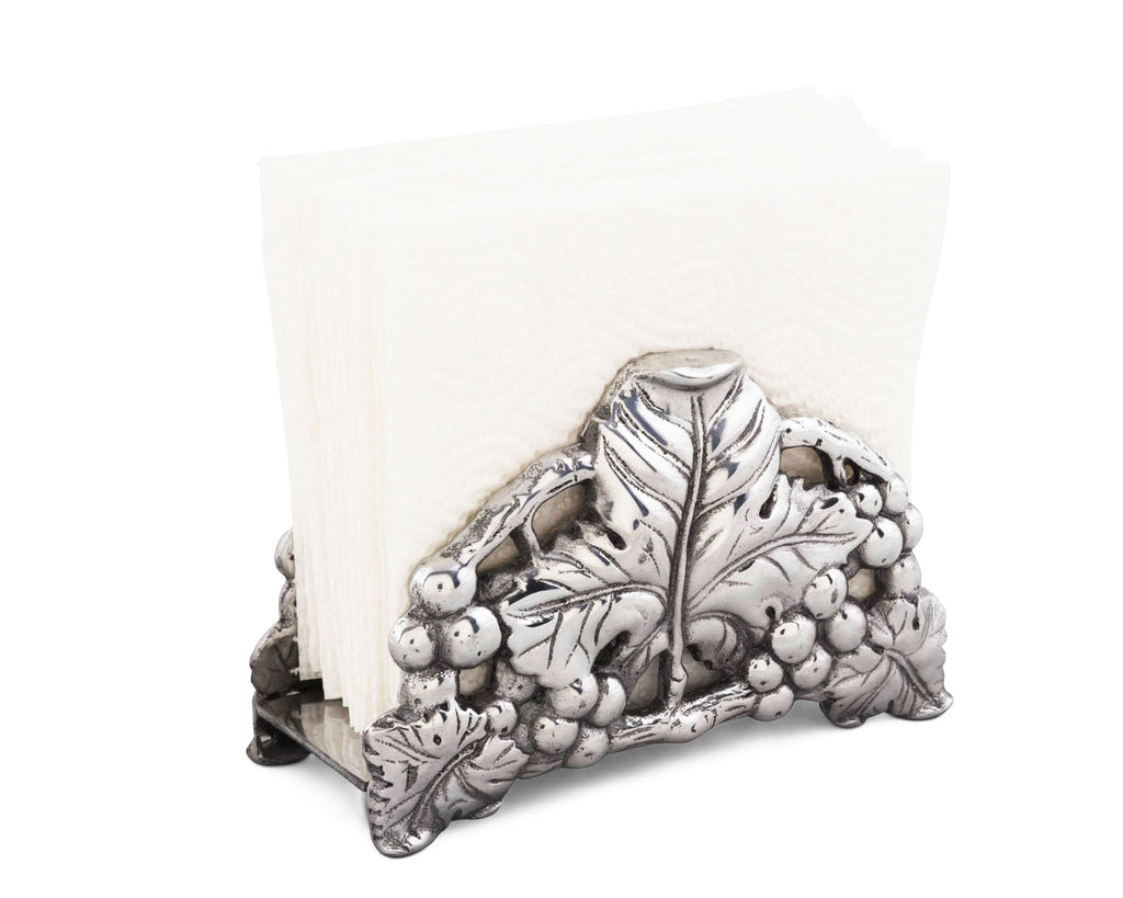 Arthur Court Designs Metal Upright Paper Napkin Holder Grape Pattern Sand Casted in Aluminum with Artisan Quality Organizer for Kitchen Countertop, Durable, Sturdy, Home Décor