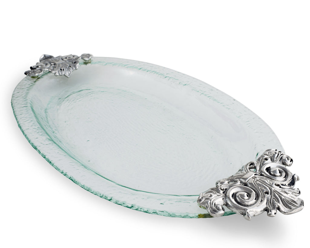 Arthur Court Designs Aluminum Fleur-De-Lis Glass Platter 21.5" x 11"