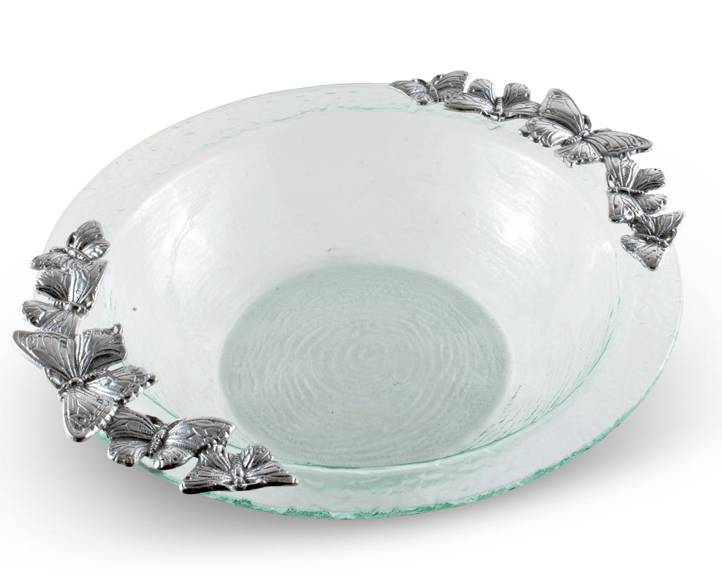 Arthur Court Designs Butterfly Pattern Glass and Aluminum Salad Bowl Diameter: 16"