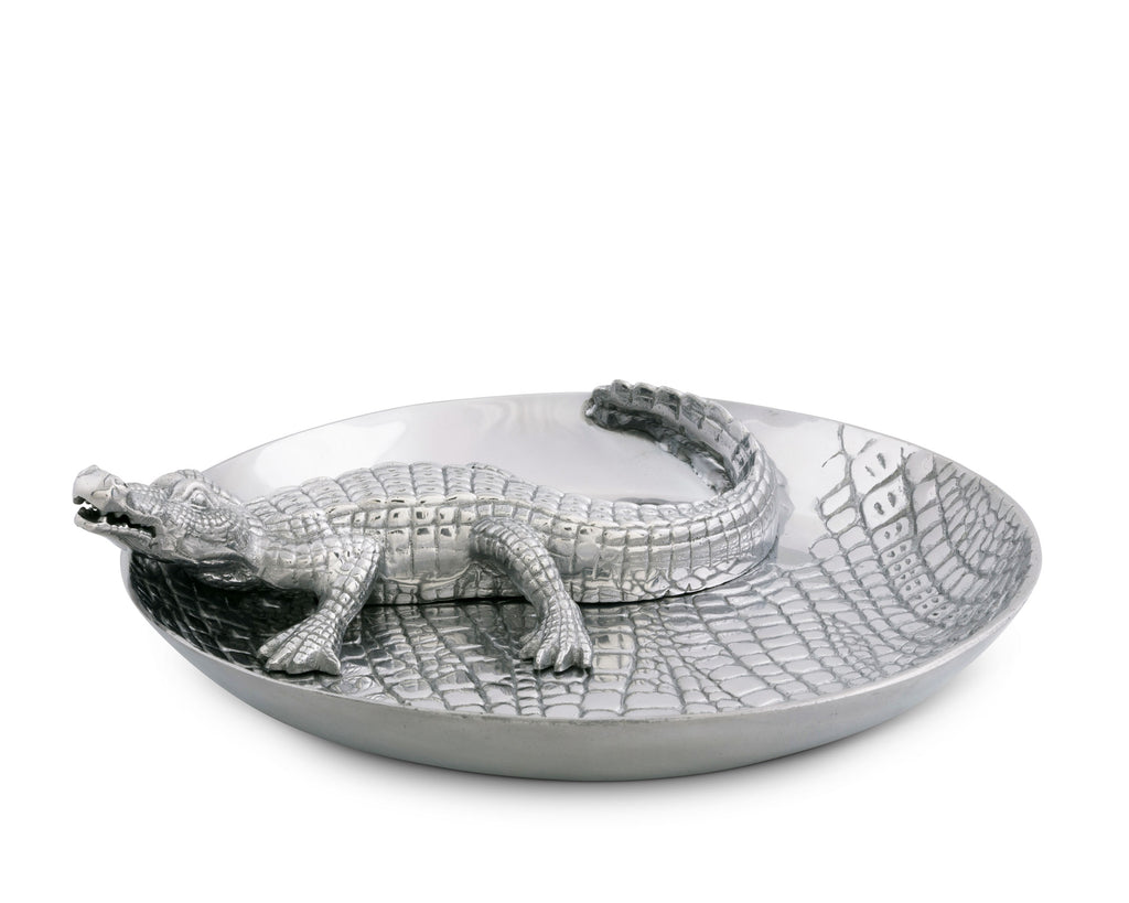 Arthur Court Designs Metal Chip and Dip Platter in Alligator Pattern Sand Casted in Aluminum with Artisan Quality Hand Polished Designer Tanish-Free 14 inch diameter