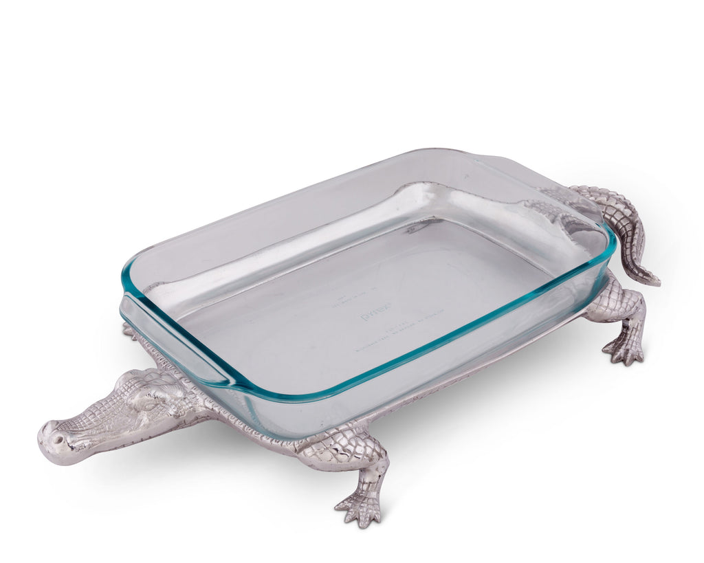 Arthur Court Metal Pyrex Glass Casserole Dish Holder Alligator Pattern Sand Casted in Aluminum with Artisan Quality Hand Polished Design Tanish-Free 21 inch long, 3 quart capacity