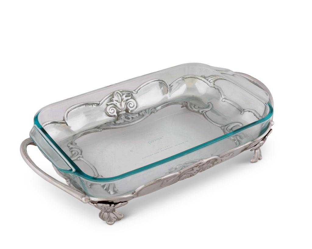 Arthur Court Metal Pyrex Glass Casserole Dish Holder Fleur-De-Lis Pattern Sand Casted in Aluminum with Artisan Quality Hand Polished Design Tanish-Free 17 inch long, 3 quart capacity