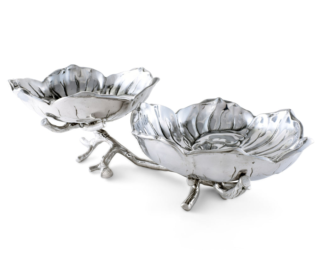 Arthur Court Designs Aluminum Magnolia 2-Bowl Serving Bowl 20" Across 6" Tall