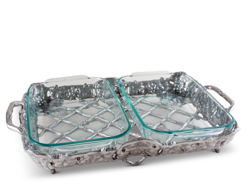 Arthur Court Metal Pyrex Glass Casserole Dish Holder Classic Grape Pattern Sand Casted in Aluminum with Artisan Quality Hand Polished Design Tanish-Free 15 inch long, 2 quart capacity