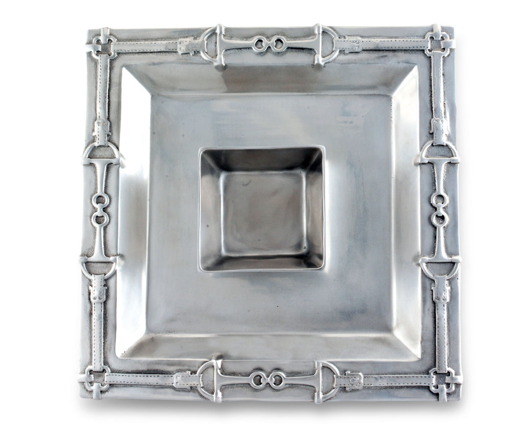 Arthur Court Equestrian Chip and Dip Platter in  Pattern with Removable Bowl Sand Casted in Aluminum with Artisan Quality Hand Polished Designer Tanish-Free Horse Décor 15 inch Diameter