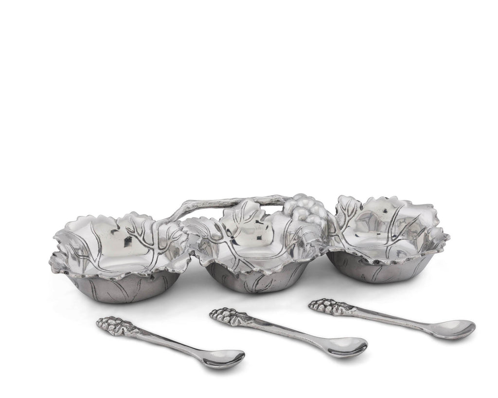 Arthur Court Designs Aluminum 3 Bowl Grape Condiment Server 13 inches across
