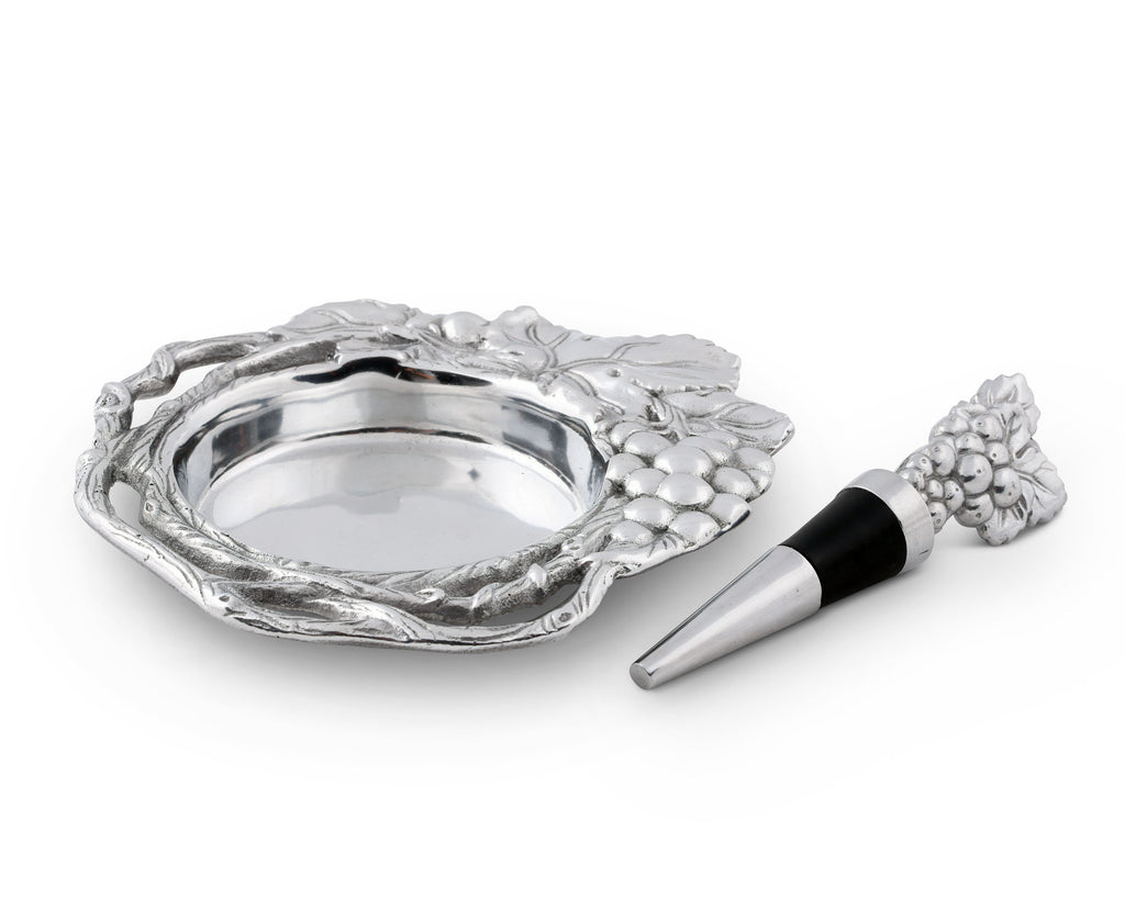 Arthur Court Designs AluminumGrape Wine Coaster and Bottle Stopper Set Sandcast Artisan Metal  6.75" Diameter