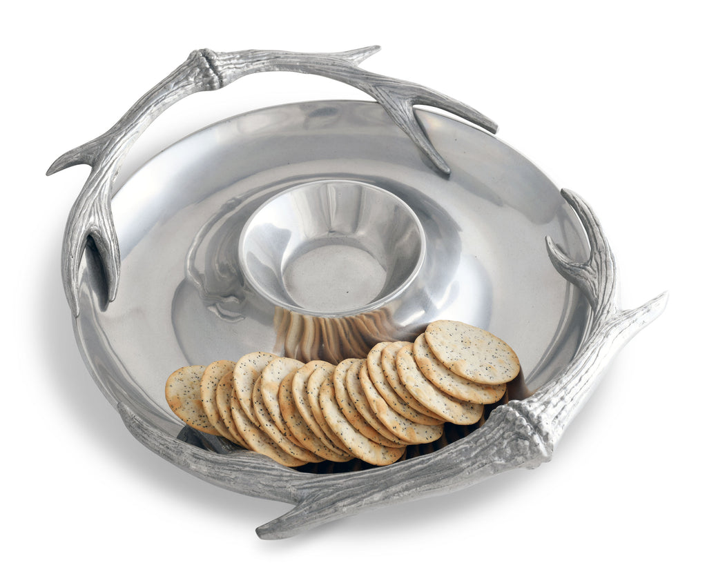 Arthur Court Rustic Cabin Chip and Dip Platter in Antler Pattern Sand Casted in Aluminum with Artisan Quality Hand Polished Designer Tanish-Free 15 inch diameter