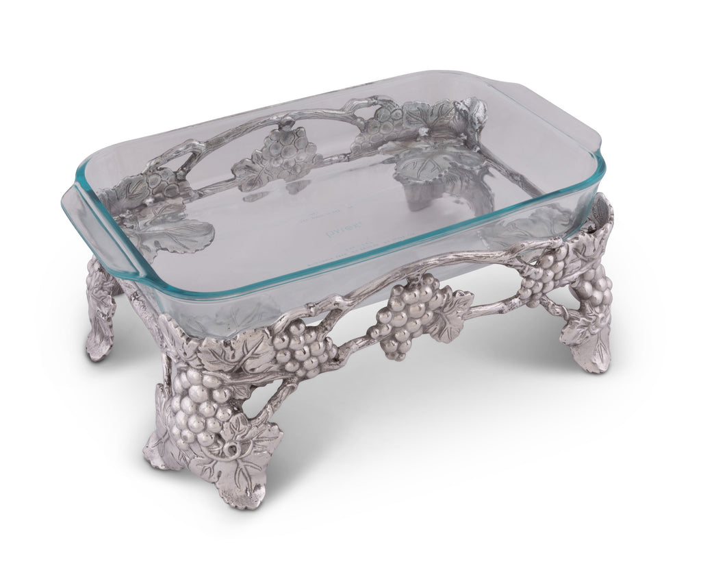 Arthur Court Metal Pyrex Glass Casserole Dish Holder Elevated Grape Pattern Sand Casted in Aluminum with Artisan Quality Hand Polished Design Tanish-Free 15 inch long, 3 quart capacity