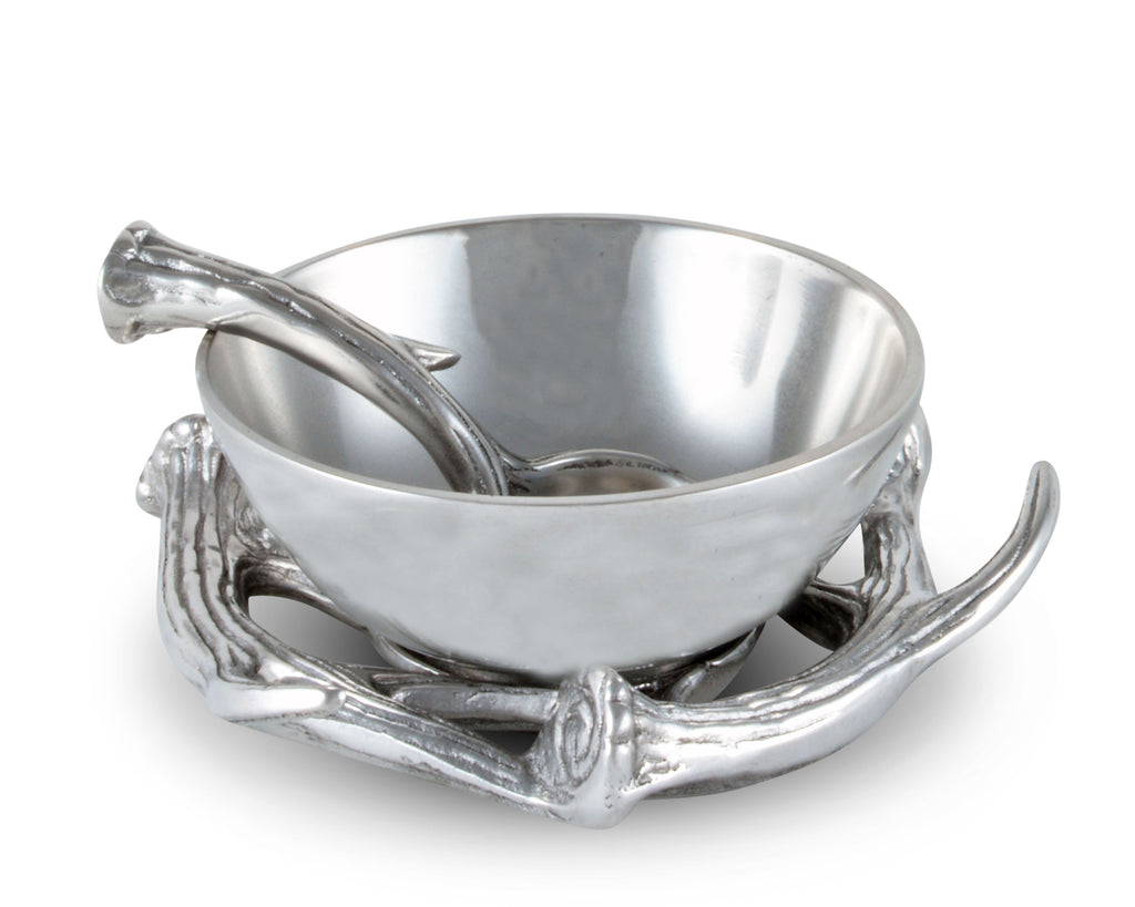 Arthur Court Designs Aluminum 2-pieces Antler Condiment Server Bowl 5.25" Diameter - Bowl and Spoon