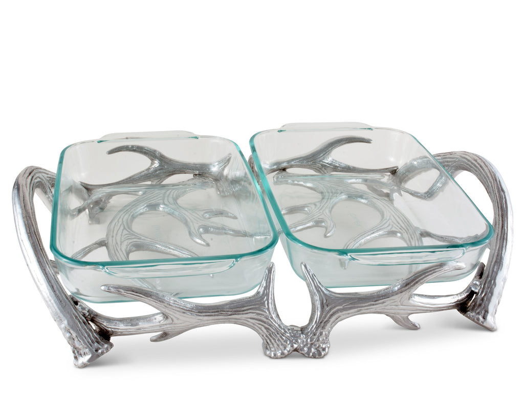 Arthur Court Metal Pyrex Glass Casserole Dish Holder Rustic Antler Pattern Sand Casted in Aluminum with Artisan Quality Hand Polished Design Tanish-Free 18 inch long, 2 quart capacity