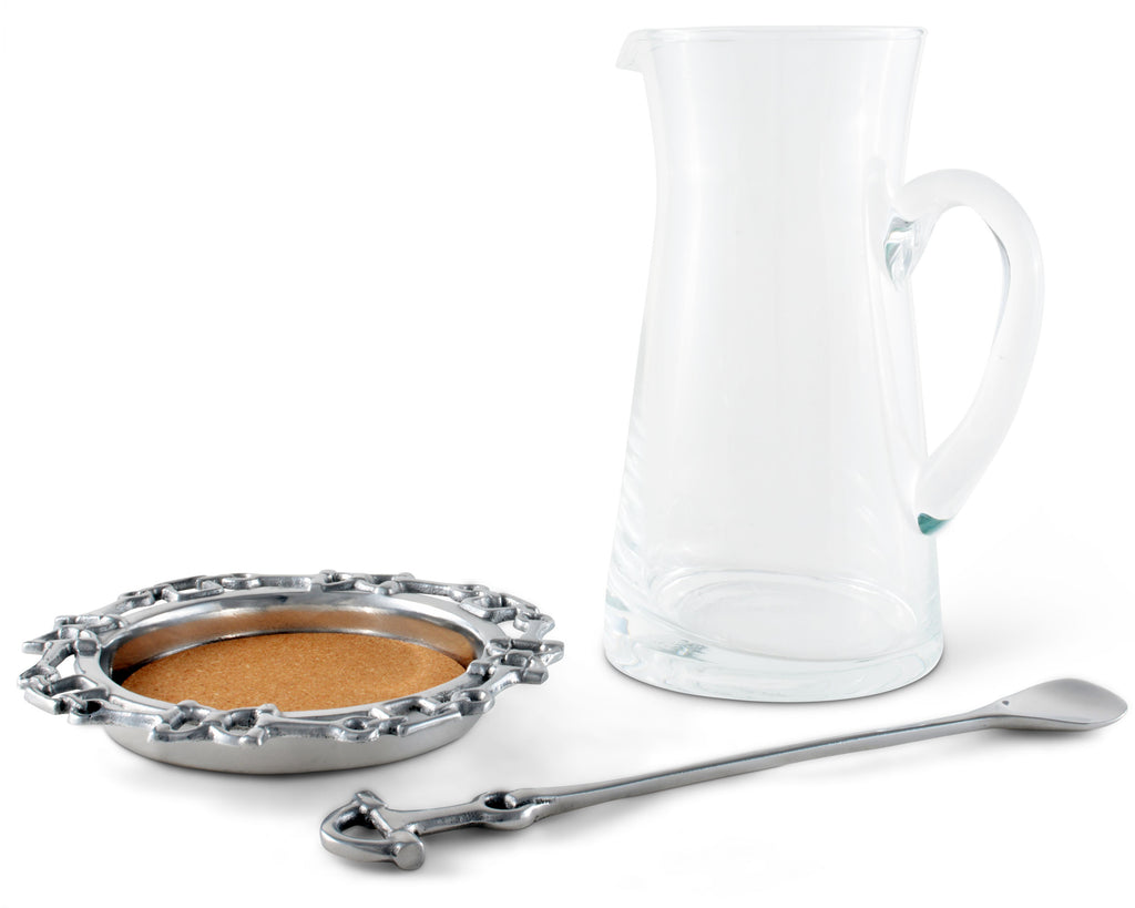 Arthur Court Designs 3-piece Glass Horse  Pitcher Set - Equestrian Glass Pitcher / Coaster / Stirrer Set 1.25 Qts. 8.5 inches Tall