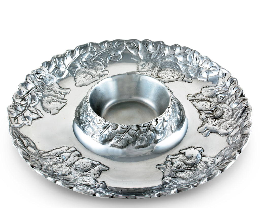Arthur Court Designs Metal Easter Chip and Dip Platter in Bunny Pattern Sand Casted in Aluminum with Artisan Quality Hand Polished Designer Tanish-Free 14 inch diameter