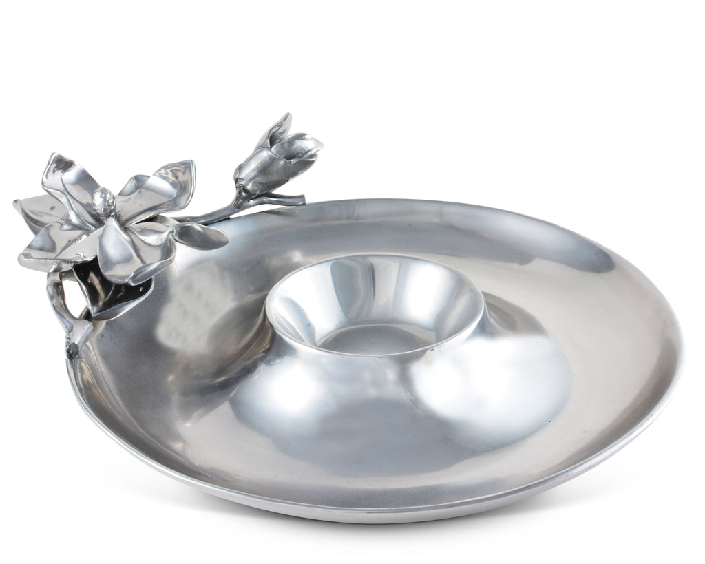Arthur Court Metal Flower Chip and Dip Platter Magnolia Pattern Sand Casted in Aluminum with Artisan Quality Hand Polished Designer Tanish-Free Spring Décor 14 Inch Length