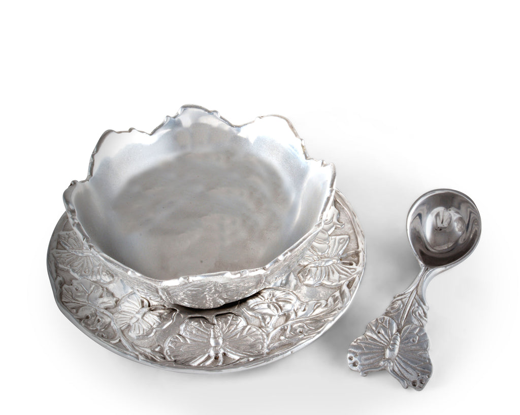 Arthur Court Designs Aluminum 3-pieces Antler Condiment Server Bowl 5.25 Diameter Plate 7" Diameter